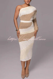 Soft Autumn Knit Colorblock High Rise Elastic Waistband Stretch Midi Skirt