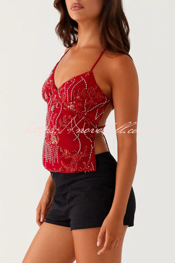 Dazzling Sequin Beaded Material Back Lace-up Loose Tank