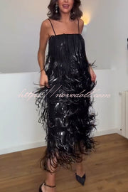 Chic Celebration Layered Sequined Tassels Slip Strapless H-line Midi Dress