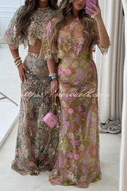 Fashionable Embroidered Flower Sequined Crop Top and Elegant Sheer Maxi Skirt Set