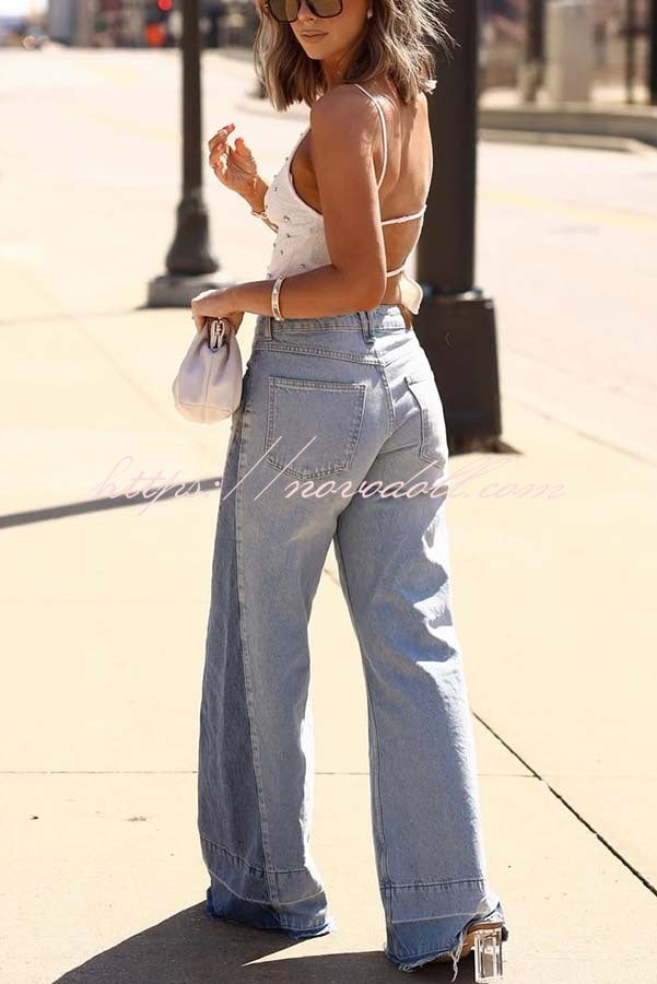 Ellison Denim Side Colorblock High Rise Pocket Wide Leg Jeans