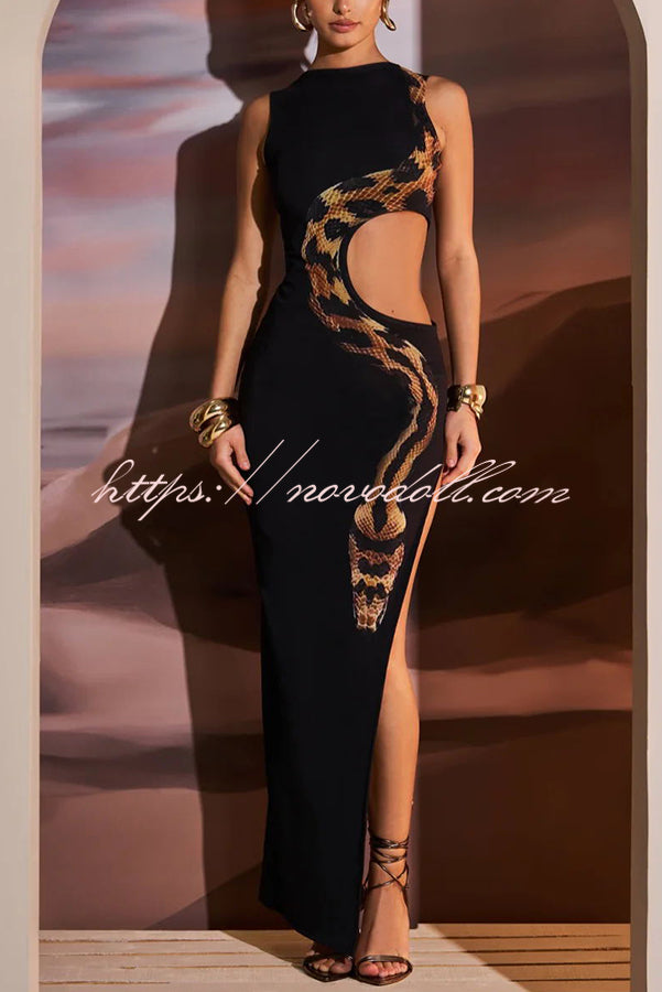 Wild Charm Snake Pattern Cut Out Detail Slit Stretch Maxi Dress