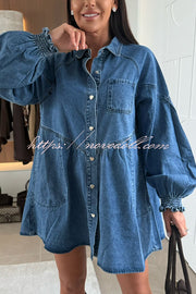 Fashion Heart Button Long Sleeve Casual Pocket Denim Mini Dress