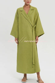 Linen Blend Solid Color Casual Lapel Tie Loose Maxi Dress