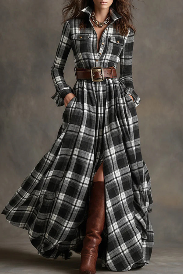 Retro Plaid Print Lapel Long-sleeved Pocket Maxi Dress