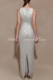 Holiday Nights Sequin Boat Neck Sleeveless Slit Maxi Dress
