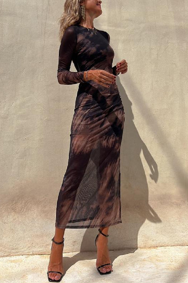 Charm Lady Mesh Overlay Tie Dye Print Long Sleeve Ruched Stretch Midi Dress