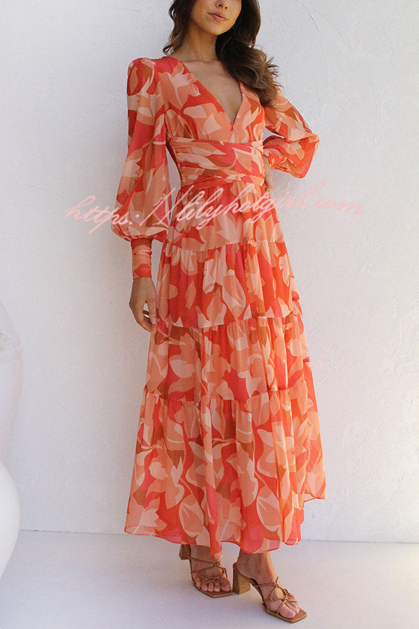 Olena Abstract Floral Balloon Sleeves Maxi Dress