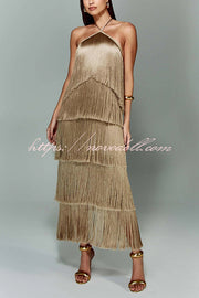 Sexy Halterneck Backless Elegant Fringe Maxi Dress