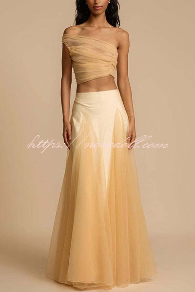 Romance Factor Satin Patchwork Tulle High Rise Elastic Waist A-line Maxi Skirt