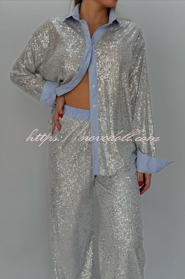 Fashion Sequined Loose Long-sleeved Shirt and Casual Elastic Waist Wide-leg Pants Set