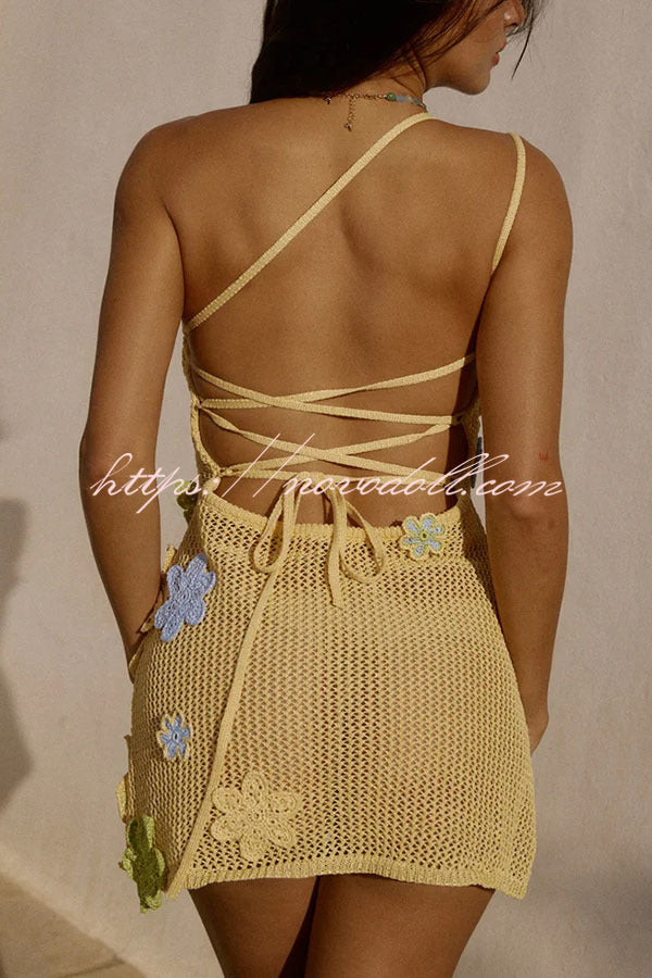Nammos Knit Crochet Handmade Flower One Shoulder Back Tie-up Stretch Mini Dress