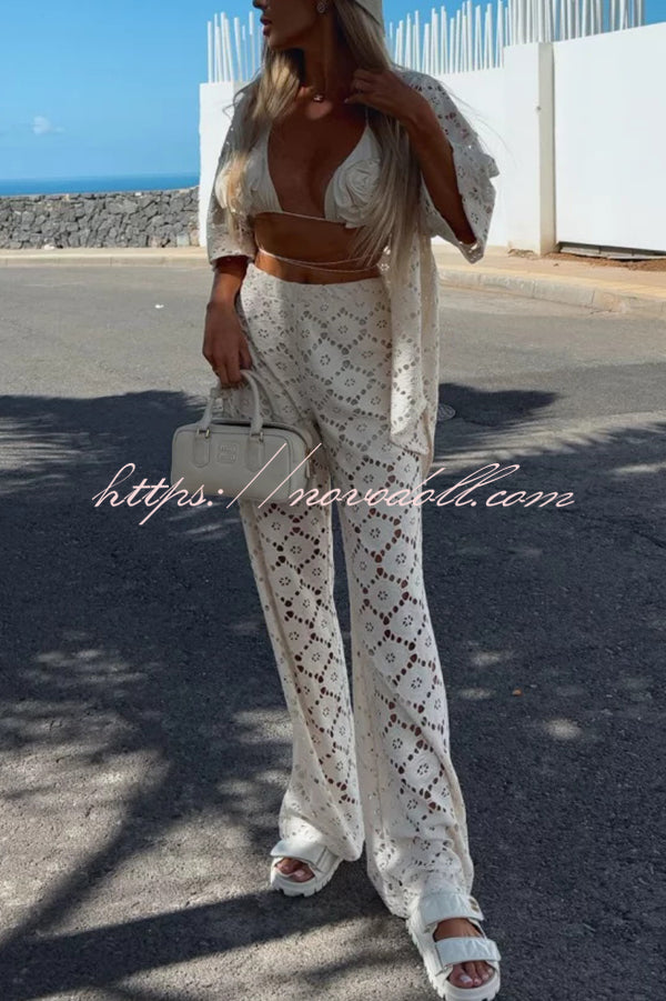 Holiday Crochet Flowers Lace Short Sleeve Shirt and Elastic Waist Wide Leg Pants Set