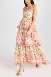 Charming Smile Floral Print Scalloped Lace-trim Back Tie-up Tiered Maxi Dress