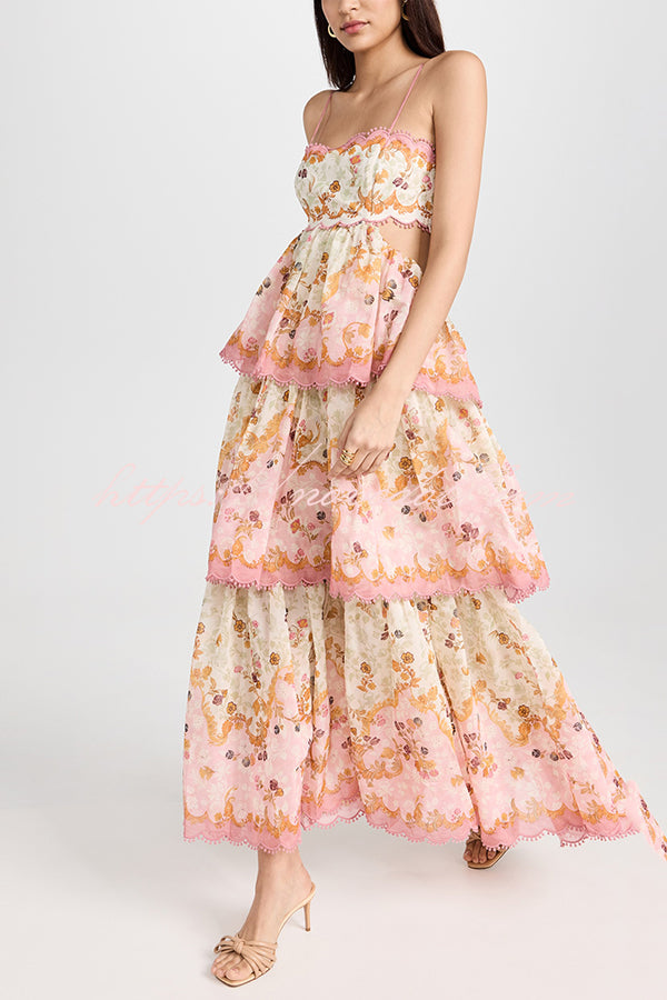 Charming Smile Floral Print Scalloped Lace-trim Back Tie-up Tiered Maxi Dress