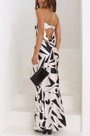 Cassy Satin Geometric Print Off Shoulder Maxi Dress