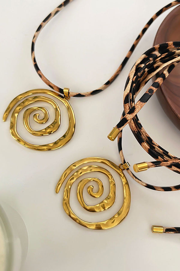 Stylish Leopard Print Leather Cord Spiral Stainless Steel Necklace