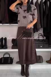 Jensin Knit Satin Bow Detail Short Sleeve Crop Sweater