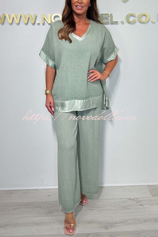 Fashionable V-neck Short-sleeved Loose Top and Elastic Waist Casual Wide-leg Pants Set