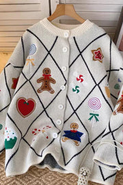 Argyle Candy Gingerbread Man Embroidered Button-knit Cardigan