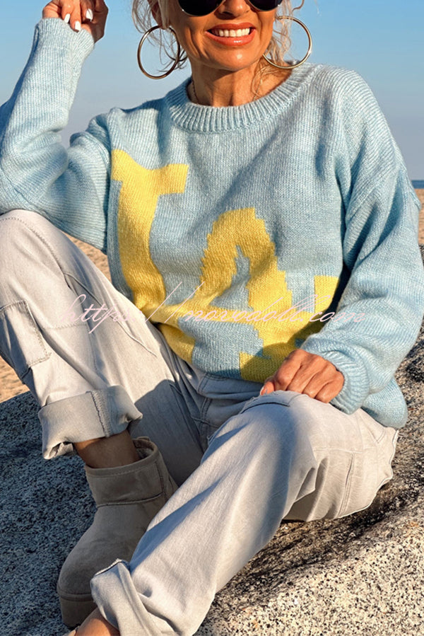 Letter Pattern Crew Neck Long Sleeve Loose Knit Sweater