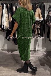 Solid Color Glossy V-neck Short-sleeved Loose Midi Dress