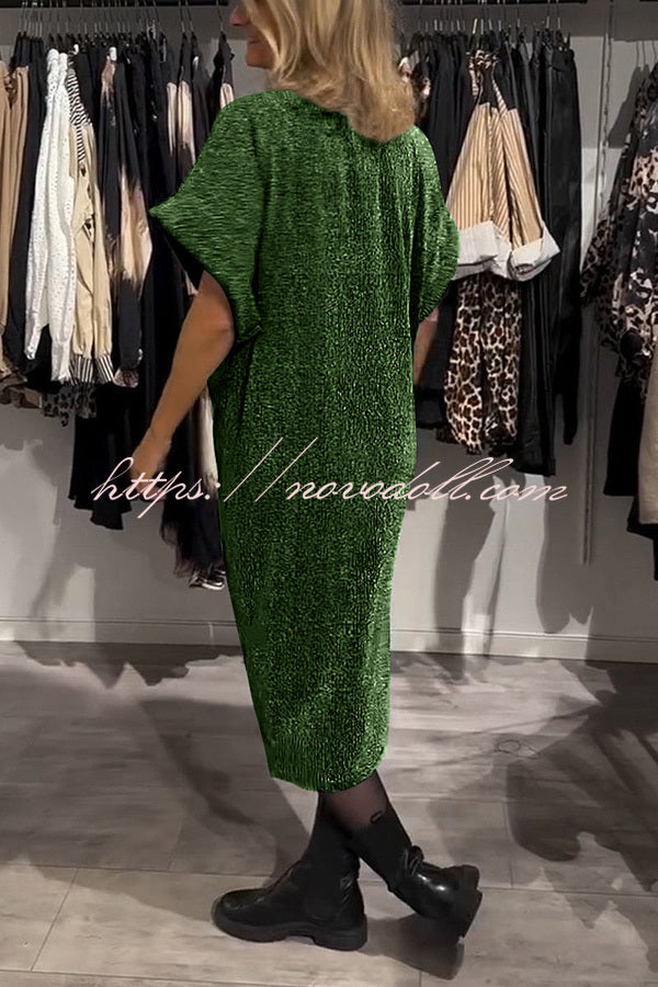Solid Color Glossy V-neck Short-sleeved Loose Midi Dress