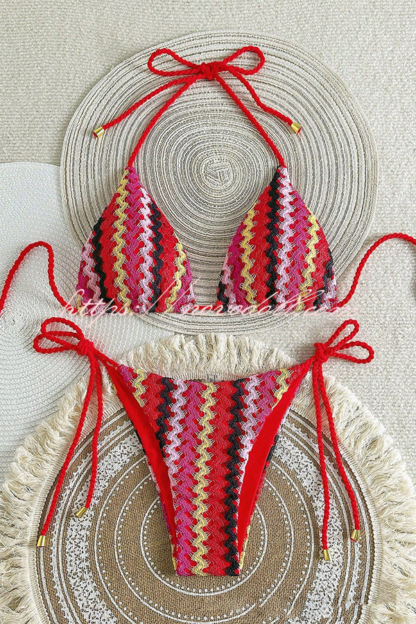 Knit Wave Unique Print Stretch Tie Bikini Swimsuit