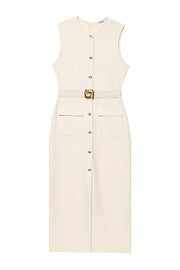 Danina Button Up Sleeveless Metal Belted Pocket Stretch Midi Dress