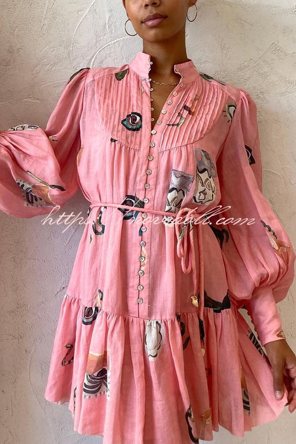 Unique Print Single Breasted Balloon Sleeve Tie Waist Ruffled Mini Dress