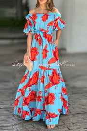 Floral Print Waist Belted Slim Fit Off The Shoulder Maxi Dress