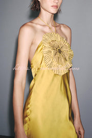 Fashionable Beaded Large Flower Decoration Halter Neck Backless Maxi Dress
