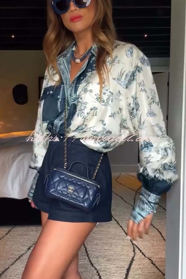 Bohemian Elegant Satin Contrast Color Unique Print Button Up Pocket Loose Blouse