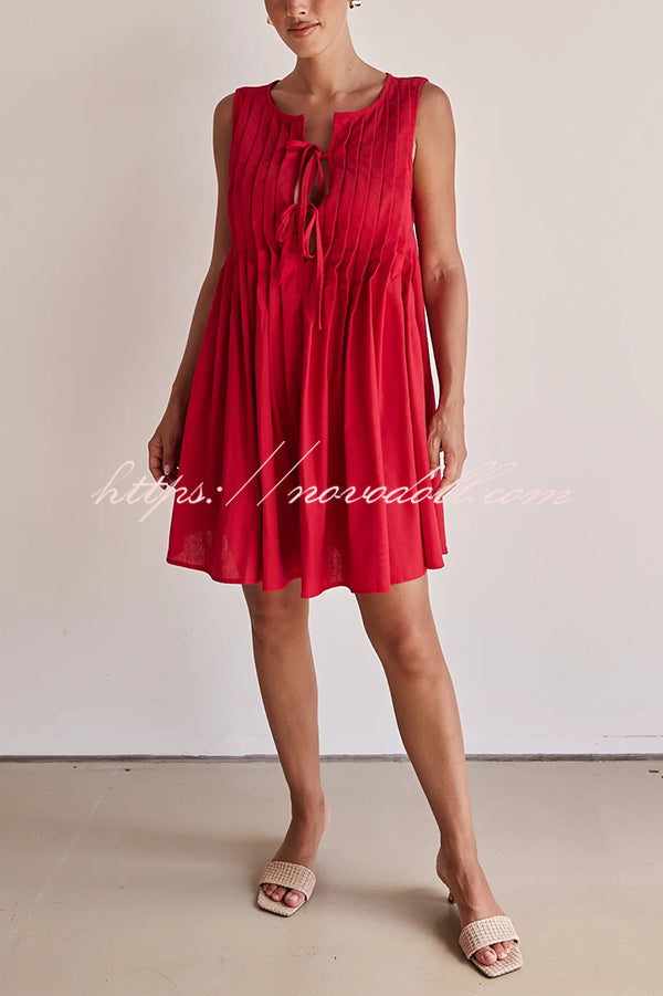 Solid Sleeveless Lace-up Loose Pleated Mini Dress