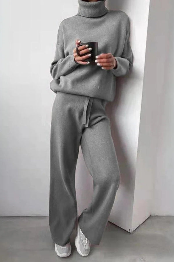 Solid Color Turtleneck Long-sleeved Knit Top and Elastic Waist Casual Pants Set