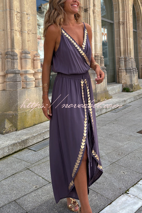 Tamia Gold Trim Elastic Waist Slit Wide Leg Slip Jumpsuit