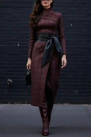 Plaid Print Long-Sleeved Wide-belted Slim-Fit Midi Dress