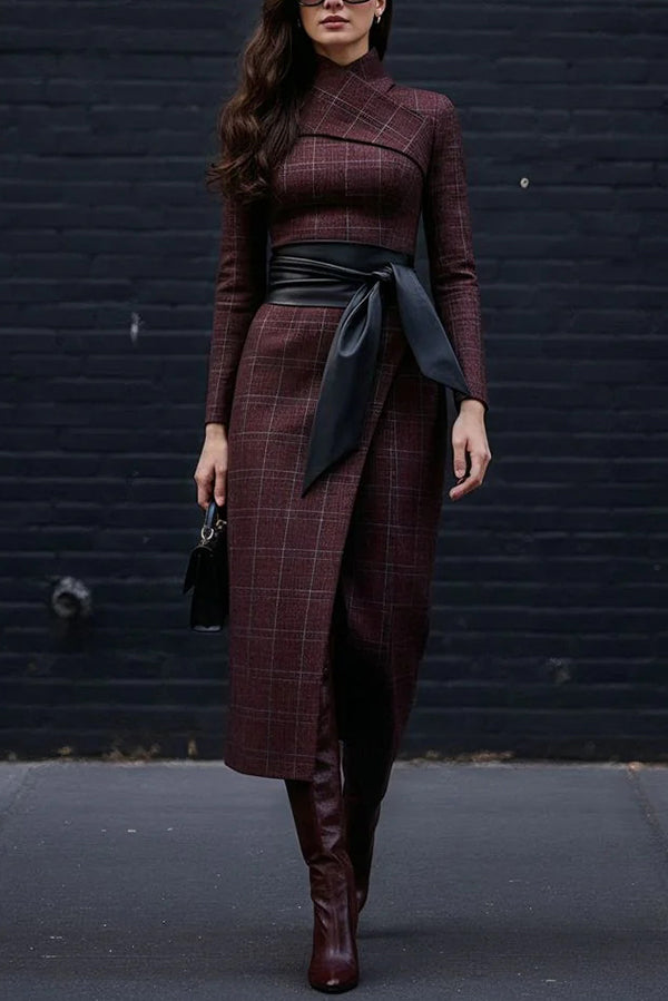 Plaid Print Long-Sleeved Wide-belted Slim-Fit Midi Dress