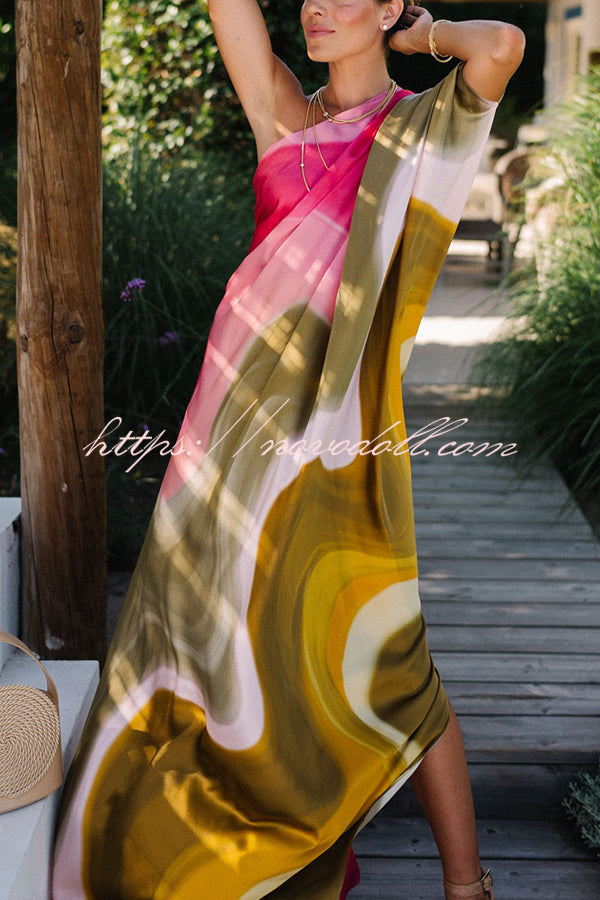 Summertime Favorites Satin Tie Dye Print One Shoulder Drape Vacation Maxi Dress