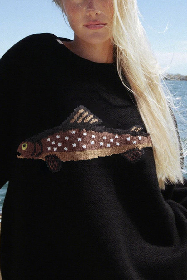 Fashionable Fish Pattern Round Neck Loose Knitted Sweater