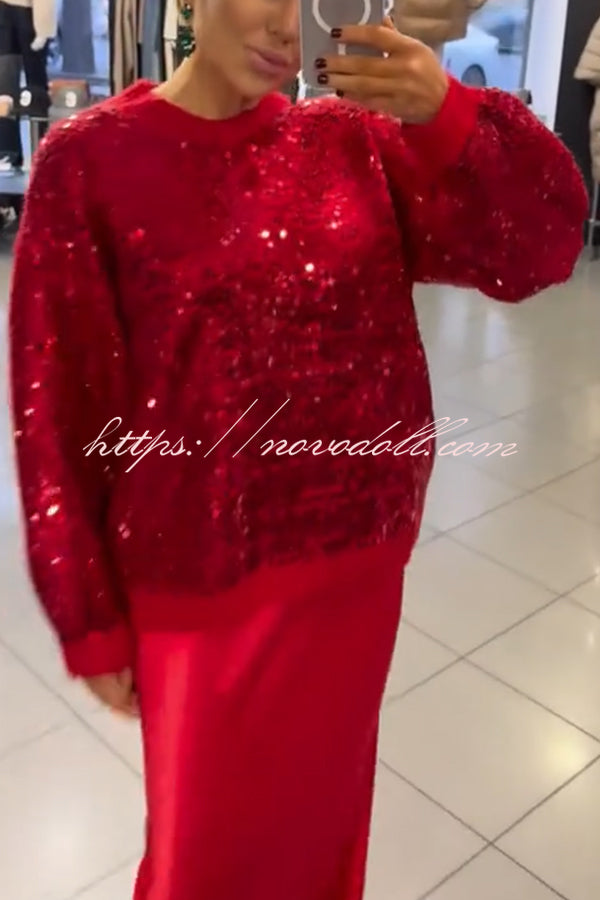 Celebration Day Sequin Patchwork Loose Sweatshirt and Satin Elastic Waist Maxi Skirt Set