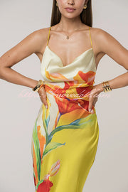Luisa Satin Floral Print Cowl Neck Sexy Open Back Tie-up Maxi Dress