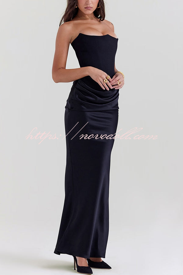 Persephone Crepe and Satin Patchwork Off Shoulder Ruched Maxi Dress