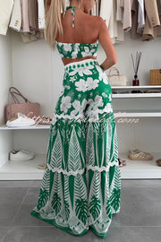 Cassie Ric Rac Trims Unique Print Halter Ring Tank and High Rise Wide Leg Pants Set