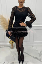 Alyssa Lace Fabric Tulle Layered Petals Trim Long Sleeve Mini Dress