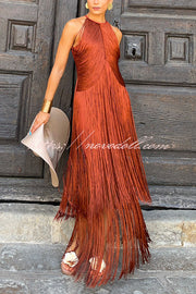 Fashion Sleeveless Halter Neck Elegant Tassel Slim Maxi Dress
