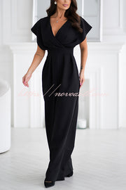 Solid Color V-neck Waist Casual Wide-leg Jumpsuit
