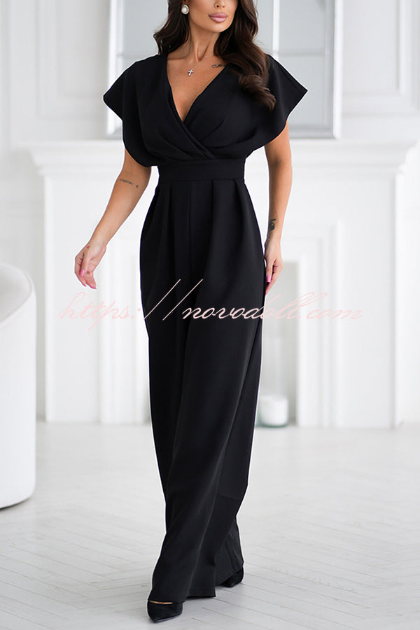 Solid Color V-neck Waist Casual Wide-leg Jumpsuit