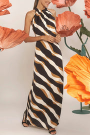 Uptown Cafe Satin Color Block Print Tie-up Neck Maxi Dress