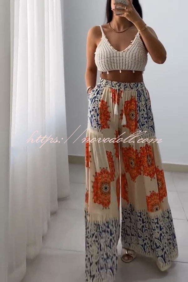 Unique Print Elastic High Waist Tie Pocket Holiday Style Wide Leg Pants